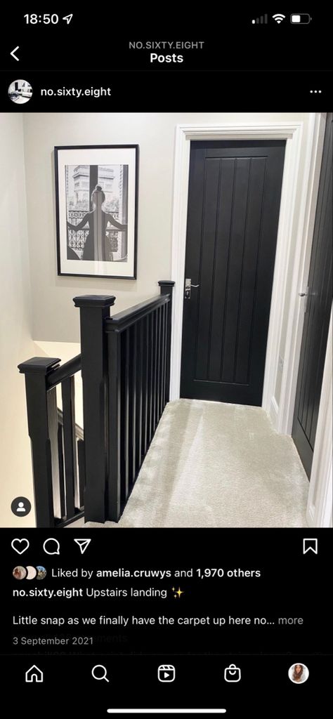 Black And White Landing Ideas, Black Stairs Design, Black And White Staircase Ideas, Black Banister Hallway, Black And White Steps Staircases, Black Stair Panelling, Black Bannister Grey Carpet, Small Landing Decor Upstairs, Black And White Landing