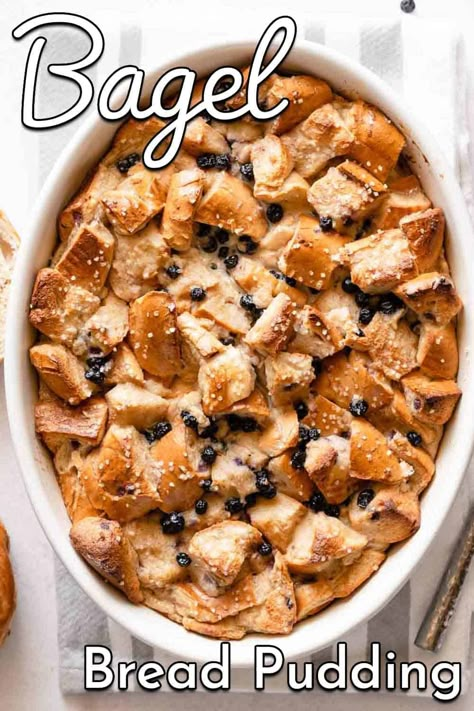 Bagel bread pudding is the best way to use up stale bagels, and you only need 8 basic ingredients. This bagel bread pudding recipe also uses dried fruit for added sweetness and texture. Use any type of sweet bagel and dried fruit you like to make your favorite flavor combo, such as cinnamon raisin, chocolate chip, or blueberry! Bagel Bread Pudding Recipe, Bagel Bread Pudding, Leftover Bagels, Cinnamon Bagels, Blueberry Bagel, Bagel Bread, Cinnamon Raisin Bagel, Bread Pudding Easy, Mini Bagels