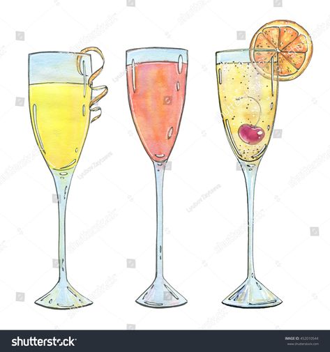 hand drawn set of watercolor cocktails Mimosa Bellini Champagne cocktail  on white background  Royalty free image illustration Cocktail French 75, Watercolor Cocktails, Cocktails Drawing, Cartoon Template, Tufting Diy, Art Is Dead, Hotel Card, Cocktail Illustration, French 75