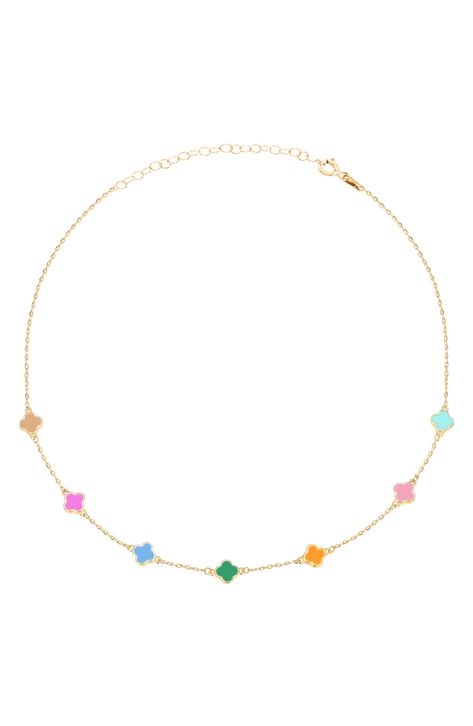 Colorful enamel adds vibrancy to the clover-shaped stations that distinguish a necklace built with dainty chain. Spring-ring clasp 14k-gold plate/sterling silver/enamel  Imported Colorful Necklace Aesthetic, Christmas Dump, Preppy Wishlist, Buy Outfits, Dress Reference, Preppy Accessories, Rabbit Jewelry, Coastal Jewelry, Preppy Jewelry