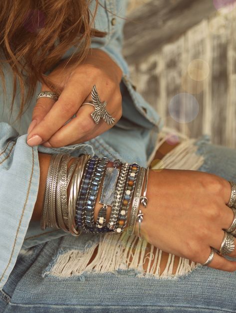 CLICK pic and apply coupon code PIN15 to save 15% on wrap bracelets and stacking bangles by HappyGoLicky Bangle Photography, Casual Sun Dress, Silver Cuff Bracelets, Mundo Hippie, Bracelets Outfit, Collar Hippie, Boho Bracelets Stack, Kyanite Bracelet, Stacking Bangles