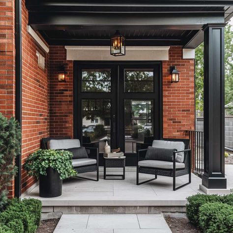 Beautify Your Red Brick Home with These Front Porch Concepts • 333+ Images • [ArtFacade] Red Brick Colonial House Exterior Makeover, Red Brick House Backyard, Red Brick Home Exterior Ideas, Red Brick Black Door, Red Brick House Patio, Red Brick House Front Porch Ideas, Black And Red Brick House, Brick House With Black Door, Landscaping Red Brick House