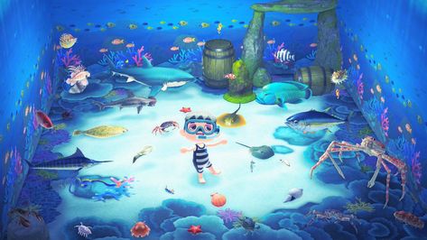 Acnh Back Of Island, Mermaid Room Ideas Kids Diy, Mermaid Room Ideas Kids, Animal Crossing Fish, Ocean Room Ideas, Aquarium Room, Underwater Room, Mermaid Island, Ocean Aquarium