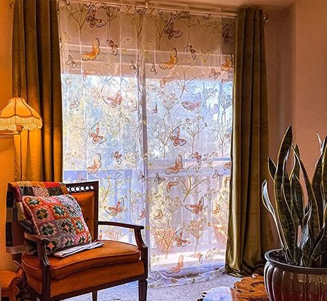 Drapes For Sliding Glass Doors, Floral Drapes, Curtain For Window, Curtain For Living Room, Window Plants, Drapes For Living Room, Eyelet Top, Yellow Butterfly, Sheer Curtain