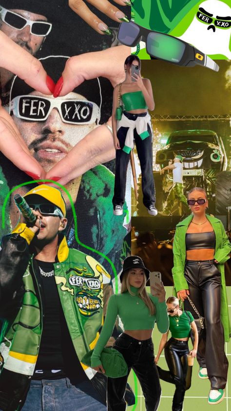 #feid #ferxxo #concertoutfits #concertoutfit #feidkarolg #outfitinspo #greenasthetics #concerto #concert #felizcumpleanos #latino #reggaton Ferxxo Concert Outfits, Men Hat Outfit, Ferxxo Outfits, Ferxxo Wallpaper, Outfit Bresh 2022, Ferxxo Aesthetic, Ferxxocalipsis Outfit, Karol G And Ferxxo, Neon Green Outfits