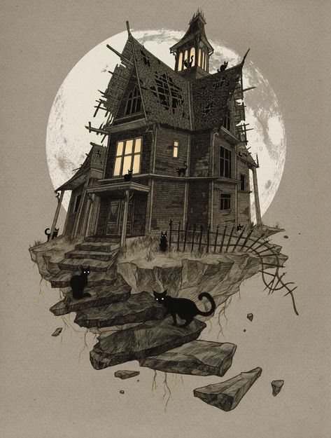 A very haunted house. Haunted House Pictures, Haunted House Drawing, Art Sinistre, Creepy Houses, Spooky House, House Illustration, House Drawing, Art Et Illustration, Creepy Art