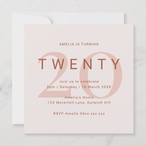 $2.85 - Contemporary Rose 20th Birthday Party Invitation - rose pink salmon, birthday invitation, modern simple contemporary, elegant minimalist, birthday party, square invitation, terracotta, modern invitation, twenty, 20th birthday 20th Birthday Party Invitations, Happy Birthday Invitation Card, Modern Birthday Party, Typographic Layout, 20th Birthday Party, Bday Invitations, Modern Birthday, 50th Birthday Invitations, Simple Invitation