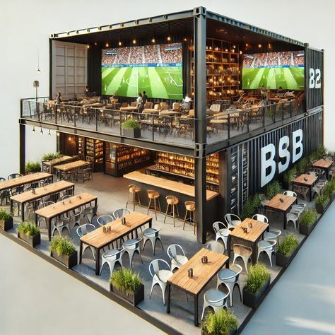 Counter Restaurant Ideas, Brewery Outdoor Space, Container Design Cafe, Small Business Restaurant, Sport Bar Ideas, Backyard Sports Bar, Brewery Exterior Design, Container Business Ideas, Rooftop Cafe Design Coffee Shop