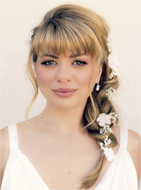 Braid With Bangs, Bridal Hair Braid, Hairstyles With Fringe, Hair With Fringe, Bridesmaids Hairstyles, Medium Length Hair With Bangs, Winter Wedding Hair, Wedding Hairstyles For Medium Hair, Wedding Hairstyles Medium Length