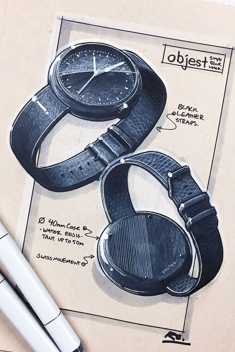 Objest creates beautifully simple, Swiss made watches for designers, architects and creatives. We work with a number of world-class designers to illustrate and sketch Objest watches, these design mavericks teach, craft, and work for lovable brands like Steelcase, Jaguar Land Rover, but above all else they are modern day story tellers. Sketch credit: REID SCHLEGEL Watch Sketch Design Illustrations, Watch Illustration Design, Watch Product Design, Watch Design Sketch, Watches Illustration, Watch Illustration, Watch Sketch, Clock Drawings, Wrist Watch Design