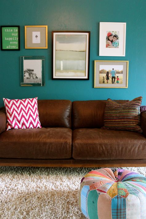 Leather Sofa Boho, West Elm Leather Sofa, Cognac Leather Sofa, Ocean Bedroom, Office Paint Colors, Tan Leather Sofas, Green Lounge, Office Paint, Teal Sofa