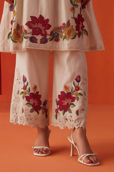 Buy Chandrima Ivory Chanderi Floral Applique Kurta With Pant Online | Aza Fashions Applique Kurta, Embroidery Suits Punjabi, Embroidery Fashion Detail, Punjabi Fashion, Hand Painted Dress, Fabric Painting On Clothes, Punjabi Outfits, Boutique Suits, Pant For Women