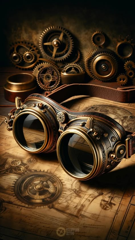 Step into the world of steampunk with these striking goggles. Merging Victorian style with industrial design, they feature intricate gears, polished brass, and leather straps, perfect for completing any steampunk ensemble or as a unique addition to your collection. Steampunk Digital Art, Steampunk Gears Aesthetic, Steampunk Globe, Clockpunk Aesthetic, Steampunk Wallpaper, Steampunk Images, Unique Half Sleeve Tattoos, Steampunk Illustration, Steampunk Gadgets