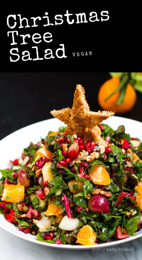 Christmas Tree Salad. Pomegranate. Pecans. Raw Chard. - HealthyHappyLife.com Salad Pomegranate, Healthy Christmas Recipes, Holiday Salads, Christmas Salads, Vegan Christmas Recipes, Healthy Holiday Recipes, Christmas Food Ideas, Xmas Dinner, Vegan Holidays