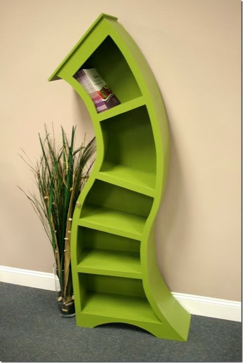 This looks like it would come out of Dr Seuss.  Very cool! 7 Topsy Turvy Bookscases Curved Bookshelf, Cool Bookshelves, Cool Kids Rooms, Whimsical Furniture, Wood Bookshelves, Funky Furniture, Book Shelf, Kids' Room, My New Room