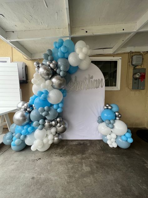 Blue, Grey, White, Silver Balloon Decor Arch wall Blue Silver Balloon Garland, Blue White And Silver Balloon Arch, Winter Wonderland Balloon Ring, Light Blue And Silver Balloon Garland, Blue Balloon Circle Arch, Silver Balloon Installation, Grey Balloons, 18th Birthday Celebration, Arch Wall