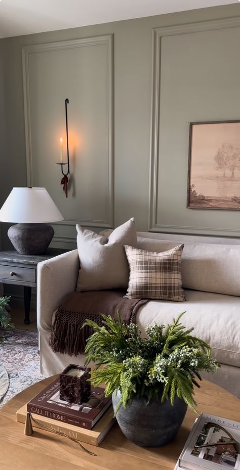 Dark Green Living Room Panelling, Green Paneling Living Room, Taupe Lounge Living Rooms, Rose Colored Living Room, Moody Mountain Living Room, Faded Grandeur Interiors, Light Sage Living Room Walls, Lichen Farrow And Ball Living Room, Farrow And Ball Lichen Living Room