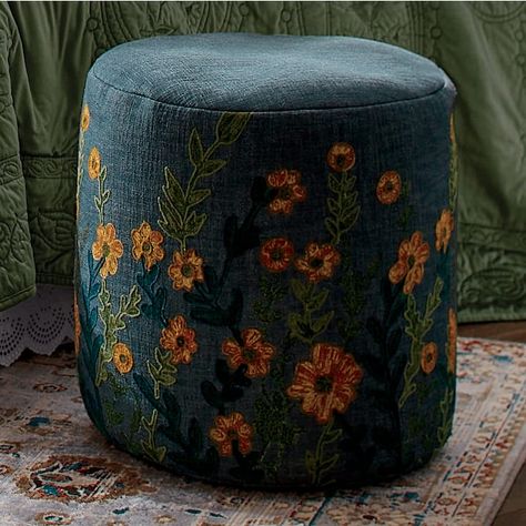 Embroidered Pouf | Seventh Avenue Moss Rug, Basic Hand Embroidery Stitches, Crystal Room, Country Door, Dream Furniture, Diy Furniture Renovation, Bohemian Interior, Furniture Renovation, Farmhouse Furniture