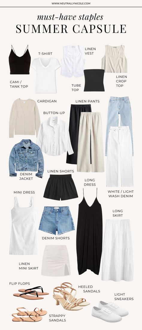 Minimalist Outfit Ideas Summer, Must Have Summer Clothes, Style Change Ideas Clothes, Maine Summer Outfit Ideas, Summer Staples 2024, Minimal Summer Wardrobe, Summer Easy Outfits, Summer In Maine Outfits, Staples For Wardrobe