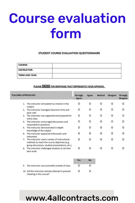 Our Course Evaluation Form Template in Word makes it easy to gather valuable feedback from students. Customize the form to fit your course and receive insightful evaluations that can help improve your teaching. Download now for a quick and convenient solution.Looking for an easy way to gather feedback from your students? Our Course Evaluation Form Template in Word is the perfect solution. With customizable fields, you can tailor the form to your specific course and receive valuable insights ... Course Evaluation, Room Rental Agreement, Cleaning Contracts, Wedding Photography Contract, Rent To Own Homes, Rental Agreement Templates, Construction Contract, Evaluation Form, Letter Of Intent