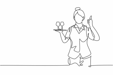 Single one line drawing of waitress with a thumbs-up gesture and brought a tray of drinking glasses serving visitors at the cafeteria. Modern continuous line draw design graphic vector illustration Waitress Drawing, Continous Line Drawing, Simple Line Drawings, One Line Drawing, Continuous Line Drawing, Continuous Line, Girl Talk, Window Art, Drinking Glasses