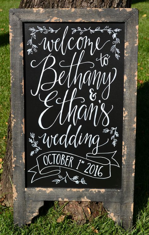 Wedding welcome chalkboard rustic sign by Caroline's Lettering Co. carolinesletteringco@gmail.comOctober 2016 Wedding Chalkboard Welcome Sign, Chalkboard Welcome Sign, Creative Wedding Sign, Chalkboard Welcome, Chalk Signs, Wedding Chalk, Wedding Bar Menu Sign, Sign Lettering, Wedding Boards