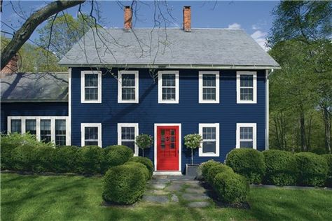 Look at the paint color combination I created with Benjamin Moore. Via @benjamin_moore. Siding: Symphony Blue 2060-10; Trim: Oxford White 869; Door: Red 2000-10. Saybrook Sage, Van Deusen Blue, Benjamin Moore Exterior, Wythe Blue, House Paint Color Combination, Color Combinations Paint, Hale Navy, Exterior Color Schemes, Exterior Paint Colors For House