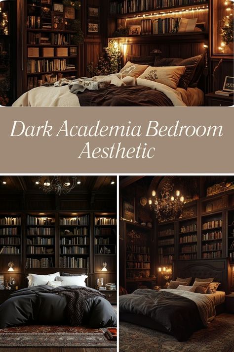 Embrace a moody Dark Academia aesthetic with vintage touches and cozy, dark tones. #DarkAcademia #BedroomInspiration #MoodyDecor Academic Bedroom, Dark Academia Rooms, Dark Academia Bed, Dark Academia Bedroom Aesthetic, Academia Bedroom Aesthetic, Purple Bedroom Aesthetic, Dark Academia Diy, Academia Aesthetic Bedroom, Dark Academia Aesthetic Bedroom