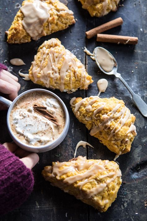 White Chocolate Pumpkin Scones with Espresso Glaze | halfbakedharvest.com @hbharvest Airfryer Pumpkin, Espresso Glaze, Pumpkin Scones, Chocolate Pumpkin, Half Baked, Half Baked Harvest, Fall Food, Pumpkin Chocolate, Fall Baking