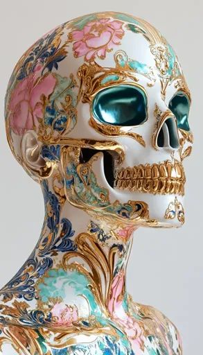 ↑↑↑ Larger size on website 🔸 The image is a close-up of a porcelain skull with intricate gold detailing. The skull is decorated w Decorated Skulls Human, Orange Skull Aesthetic, Talavera Skull, Sugar Skull Ceramic, Green Skull, Teal Accents, Closet Candy, Skull Illustration, Ornate Design