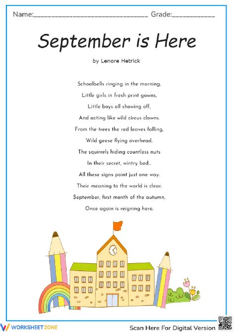 The poem paints a vivid picture of the changing season with imagery of school bells ringing, children excitedly showcasing their new outfits, and the natural world preparing for winter. #backtoschool #poems #rhymes #september #poemsforkid #kidsactivities #schools #worksheets #printable #worksheetforkids #ela #seasonal #kids #pdfs Back To School Poem, Preparing For Winter, Poems About School, Summer To Autumn, Circus Clown, The Poem, To Autumn, Welcome Back To School, Seasons Of The Year