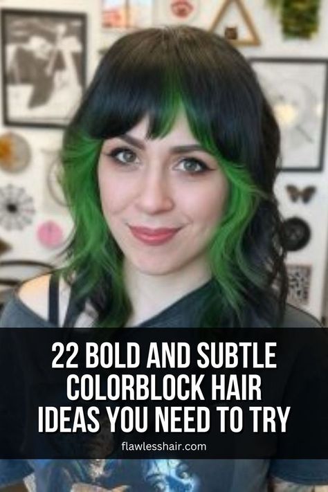 Vivid Green Colorblocking Shag With Color Block, Face Framing Color Pop, Peekaboo Hair Color Brunettes Short, Color Block Hairstyle, Vivid Hair Color Placement Ideas, Color Block Hair Black, Hair Color Blocking Ideas, Color Block Shag Hair, Curly Hair Color Block