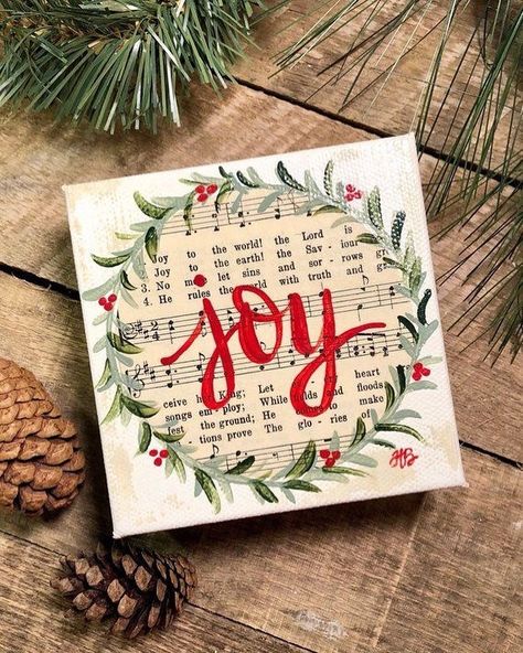 Hymn Crafts, Hymnal Art, Page Painting, Hymnal Crafts, Sheet Music Crafts, Paint Christmas, Hymn Art, Joy Sign, Christmas Canvas Art