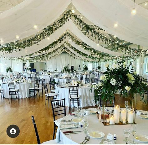 Wedding Greenery From Ceiling, Low Ceiling Reception Ideas, Wedding Roof Draping, Ceiling Drapery Ideas, Chiffon Ceiling Draping, Christmas Wedding Ceiling Decor, Wedding Roof Decoration, Wedding Ceiling Decorations Greenery, Wedding Reception Ceiling Decor