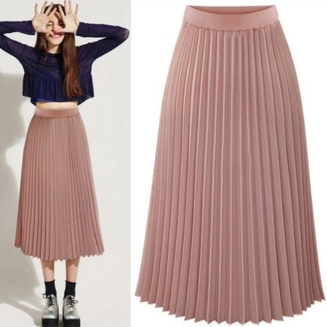 Plated Skirt, Rok Midi, Mini Skirt Outfits, Long Chiffon Skirt, Skirt Chiffon, Modest Skirt, Outfits Skirt, Elastic Skirt, Long Skirt Fashion