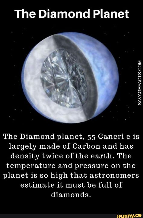 The Diamond Planet The Diamond planet, 55 Cancri e is largely made of Carbon and has density twice of the earth. The temperature and pressure on the planet is so high that astronomers estimate it must be full of diamonds. - iFunny :) Facts About Planets, Diamond Planet, Universe Facts, Astronomy Planets, About Planets, Cool Facts, Astronomy Facts, Astronomy Science, Nebulas