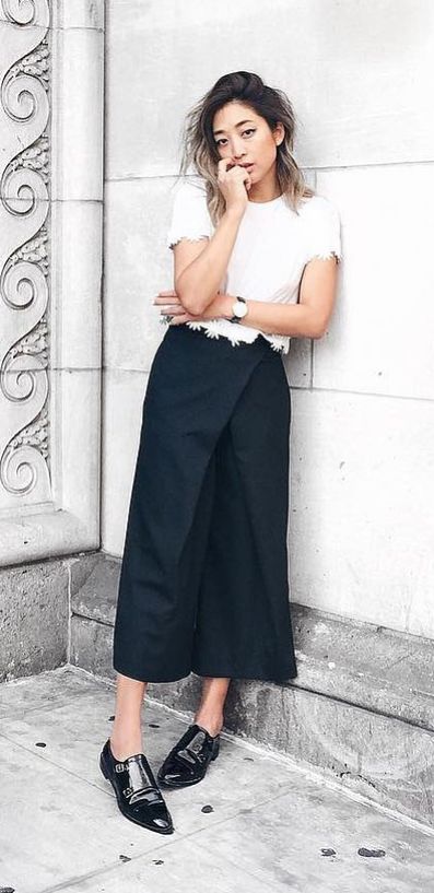 A White Short-Sleeved Shirt, Culottes, and Loafers Brogue Shoes Women Outfit, Monk Shoes Women Outfits, Brogue Shoes Women, Shoes Women Outfit, 20 Outfits, Monk Shoes, Cutest Outfits, Curvy Petite Fashion, Fashion Teenage Girls