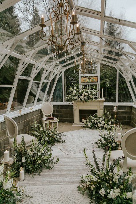 Rose Garden Greenhouse, Fireplace In Greenhouse, Greenhouse For Photography, Greenhouse Studio Photography, Greenhouse Event Space, Greenhouse Photography Studio, Greenhouse With Fireplace, Small Greenhouse Wedding, Glass Greenhouse Wedding