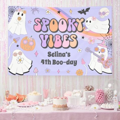 Spooky Vibes Cute Halloween Groovy Ghost Birthday Banner Two Spooky, Ghost Birthday, Groovy Ghost, Spooky One, 1st Birthday Banner, Hippie Halloween, 1st Birthday Banners, Banner Sizes, Holiday Invitations