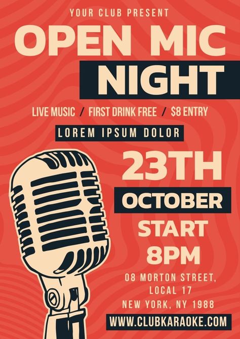 Vintage Open Mic Night Flyer Open Mic Poster, Poster Design Typography, Urban Bar, Bar Night, Surf Logo, Open Mic Night, Word Poster, Music Flyer, Business Poster