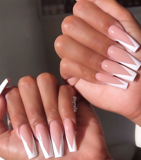 V French Tip Nails, V French Tip, Long French Tip Nails, White Tip Acrylic Nails, Long Square Nails, Tapered Square Nails, Square Nail Designs, French Tip Acrylic Nails, French Acrylic Nails