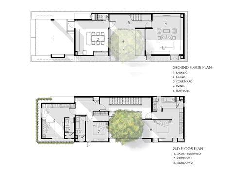 I-House,Ground Floor Plan - 2nd Floor Plan Narrow House Plans, Compact House, Courtyard House Plans, Architectural Floor Plans, Villa Plan, Narrow House, Courtyard House, Ground Floor Plan, Modern House Plans