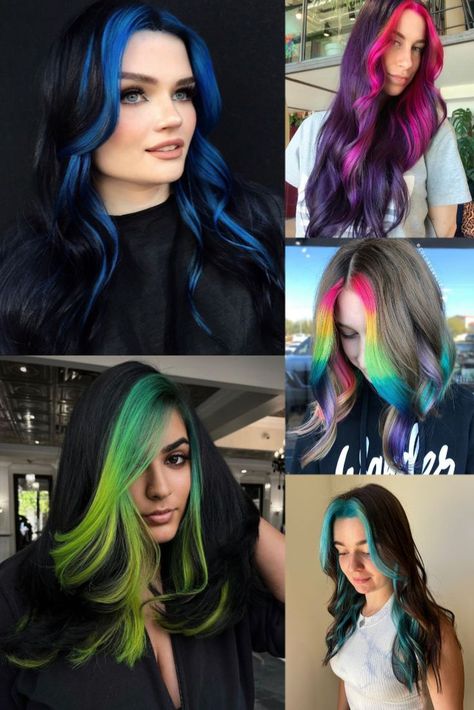 Blue Purple Money Piece Hair, Money Piece Hair Fun Colors, Funky Money Piece Hair, Blue And Purple Money Piece Hair, Fun Money Piece Hair, Coloured Money Piece Hair, Money Piece Hair Blue, Green Money Piece Hair, Colorful Money Piece Hair