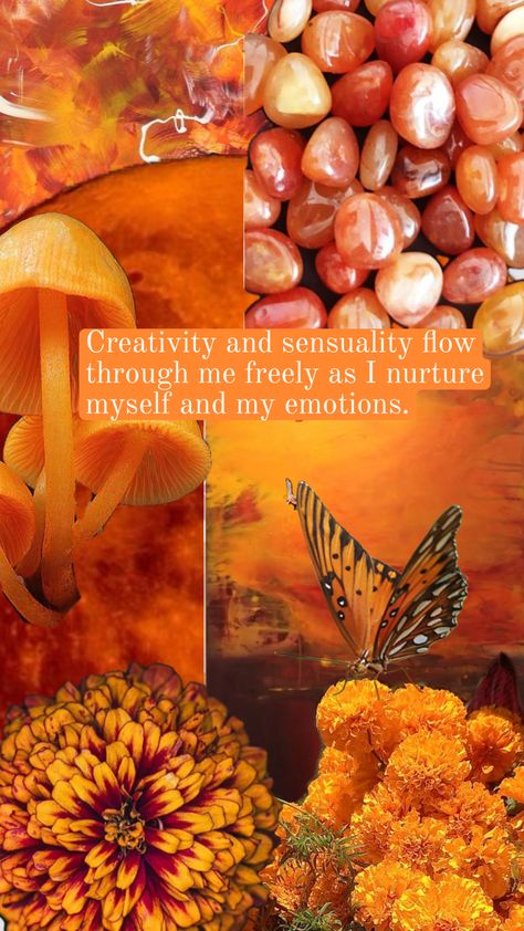 "Creativity and sensuality flow through me freely as I nurture myself and my emotions." Chakra Aesthetic, Chakra Wallpaper, Aesthetic Collage Wallpaper, Inspirational Wallpaper, Collage Wallpaper, Orange Aesthetic, Inspirational Wallpapers, Sacral Chakra, Self Acceptance