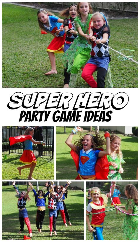 Superhero Birthday Party Games, Dc Superhero Girls Party, Superhero Camp, Super Hero Activities, Superhero Party Games, Shimmer Y Shine, Super Hero Games, Super Hero Day, Party Game Ideas