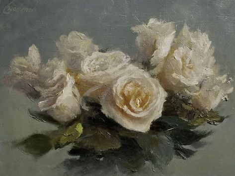 White Roses by Richard Kochenash, Oil, 12 x 16 Rocco Art Painting, White Rose Oil Painting, White Roses Aesthetic Vintage, Oil Art Aesthetic, Rocco Art, White Rose Drawing, White Rose Aesthetic, White Roses Art, White Roses Aesthetic