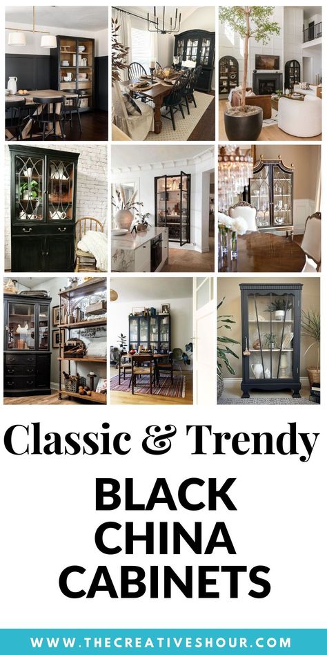 Revamp your dining space with this sleek, tall black china cabinet. It's more than just painted furniture; it's a style statement! With its matte black finish, it pairs beautifully with any decor and wallpaper, elevating your dining room makeover. Imagine how it will stand out, adding character and charm to your home. A perfect blend of elegance and practicality for any modern dining area. Dining Room Design With China Cabinet, China Cabinet Arrangement, Dining Room With Black Furniture, Black China Cabinet Makeover, Black Painted China Cabinet, China Cabinet Ideas, Painted China Cabinet, Black China Cabinet, China Cabinet Decor