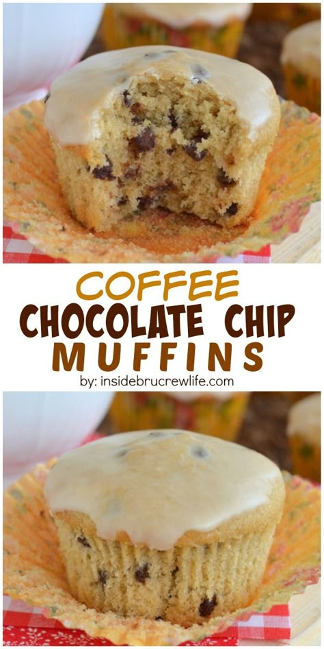 These soft and fluffy chocolate chip muffins have a hit of caffeine from coffee in the muffins and in the glaze. Coffee Chocolate Chip Muffins, Coffee Muffins Recipes, Fluffy Chocolate Chip Muffins, Chocolate Chip Muffins Recipe, Coffee Muffins, Chocolate Chip Muffin Recipe, Coconut Muffins, Chocolate Banana Muffins, Muffin Tin Recipes