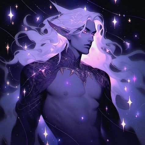 Moon Shadow Elf Oc, Alien Men Art, Star Elf Art, Space Elf Art, Purple Elf Male, Alien Man Art, Void Elf Male, Astral Elf Male Character Art, Astral Elf Male