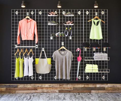 Display Clothes, Clothing Store Displays, Clothing Display, Clothing Store Design, Decorative Wall Tiles, Clothing Displays, Display Furniture, Retail Store Design, Gym Design